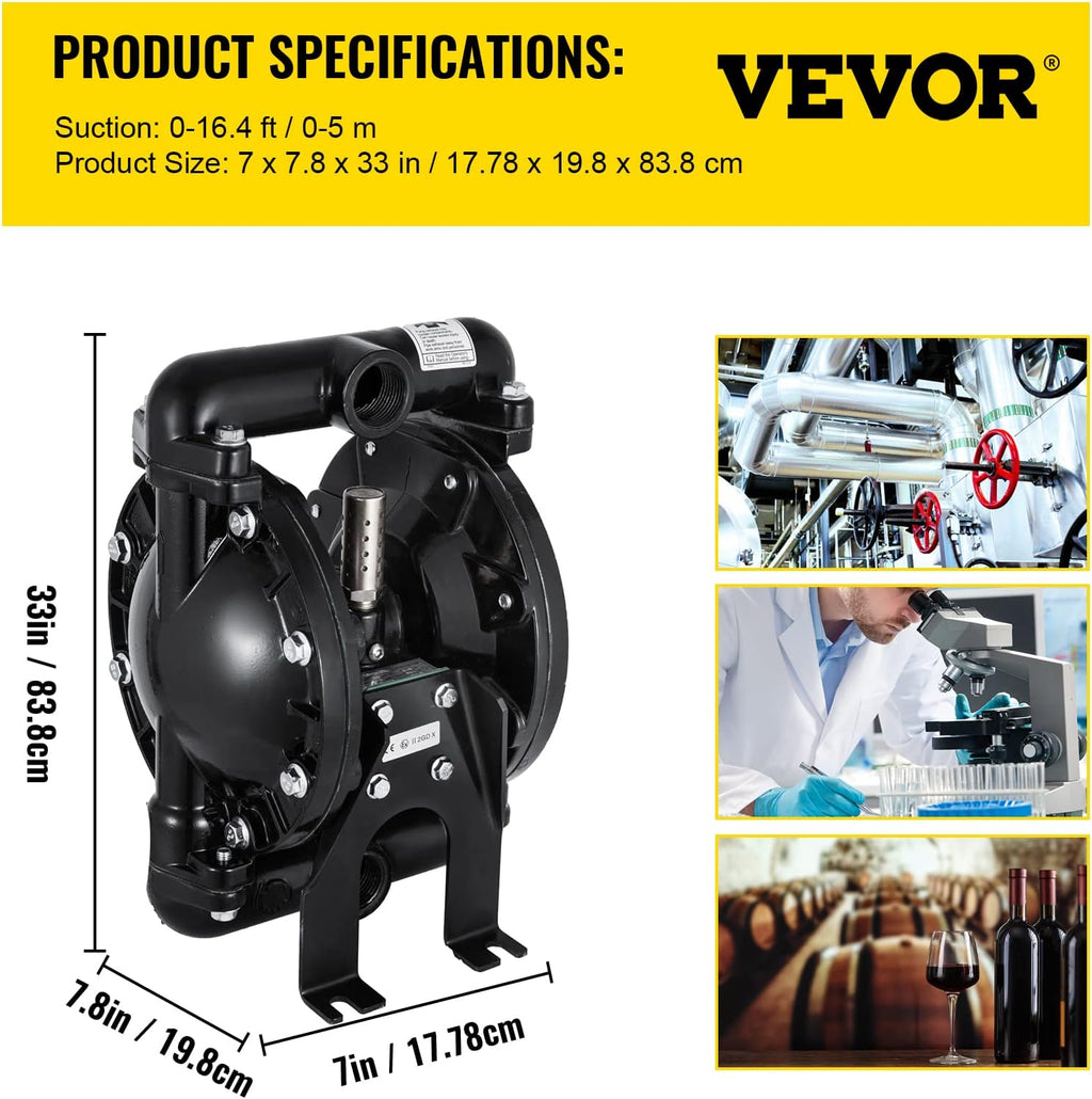 Air-Operated Double Diaphragm Pump 1 inch Aluminum 35 GPM Max 120PSI T3456
