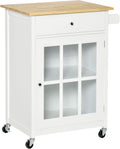 White Rolling Kitchen Island Cart with Drawer and Glass Door Cabinet X459
