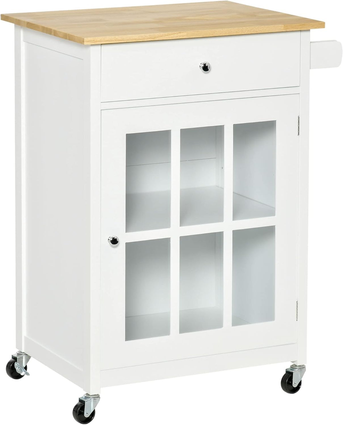 White Rolling Kitchen Island Cart with Drawer and Glass Door Cabinet X459