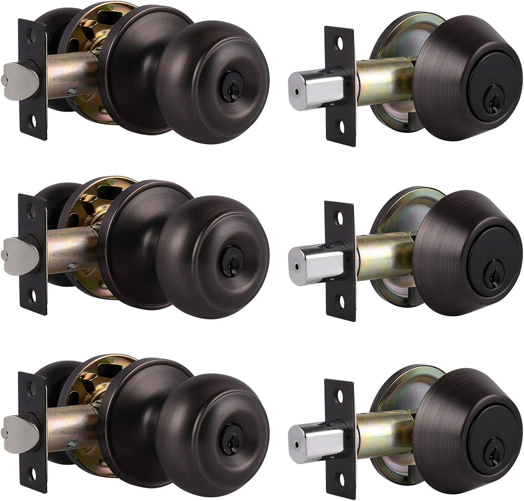 Oil Rubbed Bronze Entry Door Knob and Double Cylinder Deadbolt Lock Combo Set, Set of 4 X910