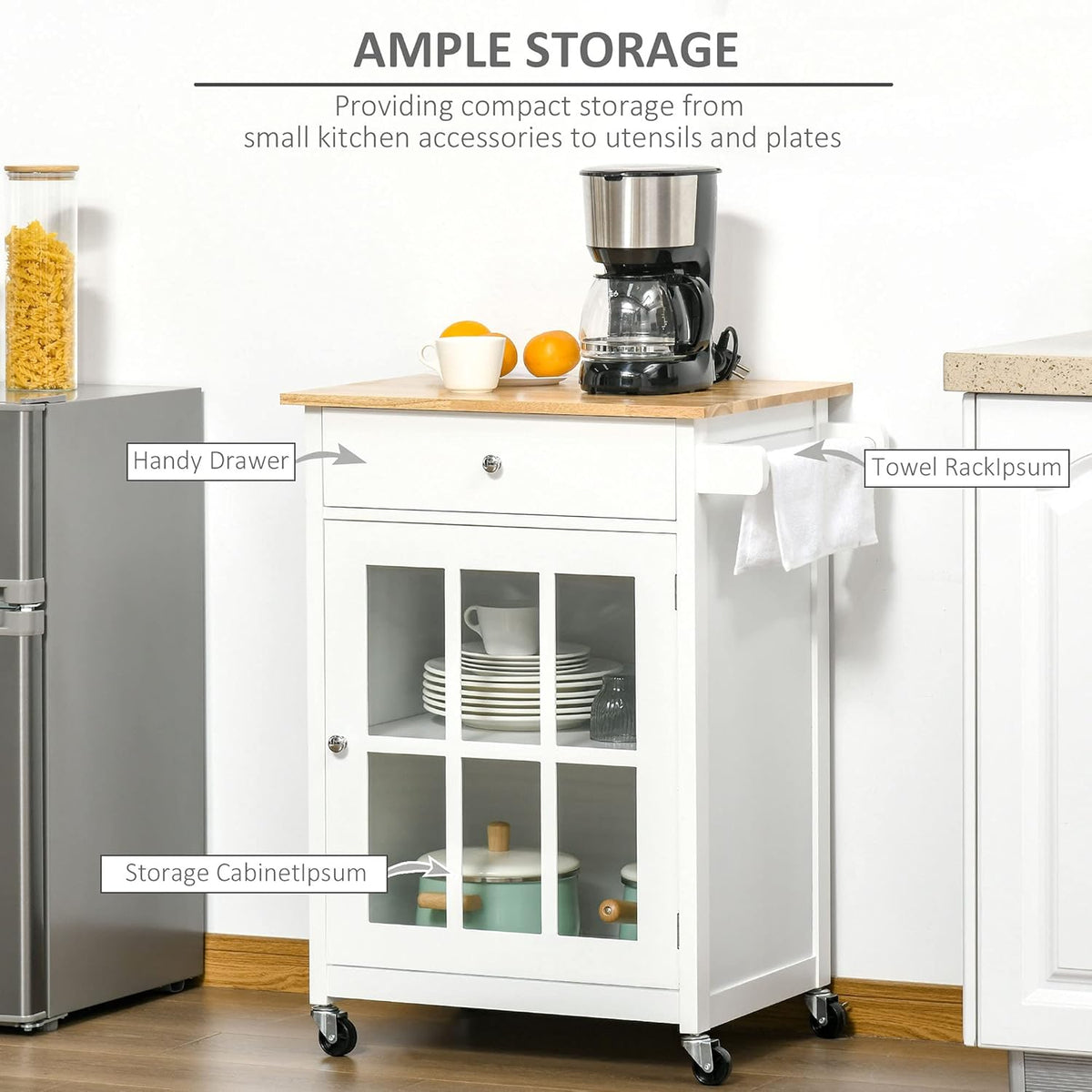 White Rolling Kitchen Island Cart with Drawer and Glass Door Cabinet X459