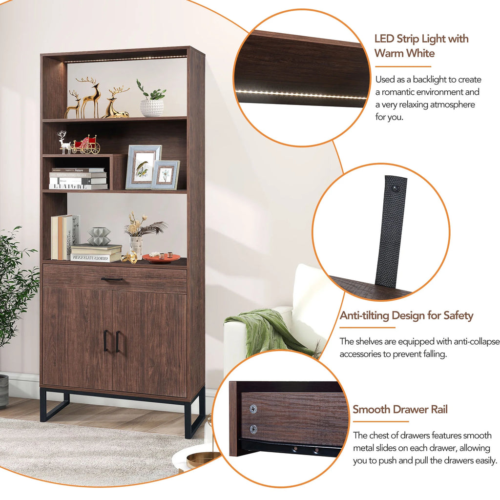 76" Wooden Bookshelf with Doors, Storage Drawer and LED Strip Lights F127192