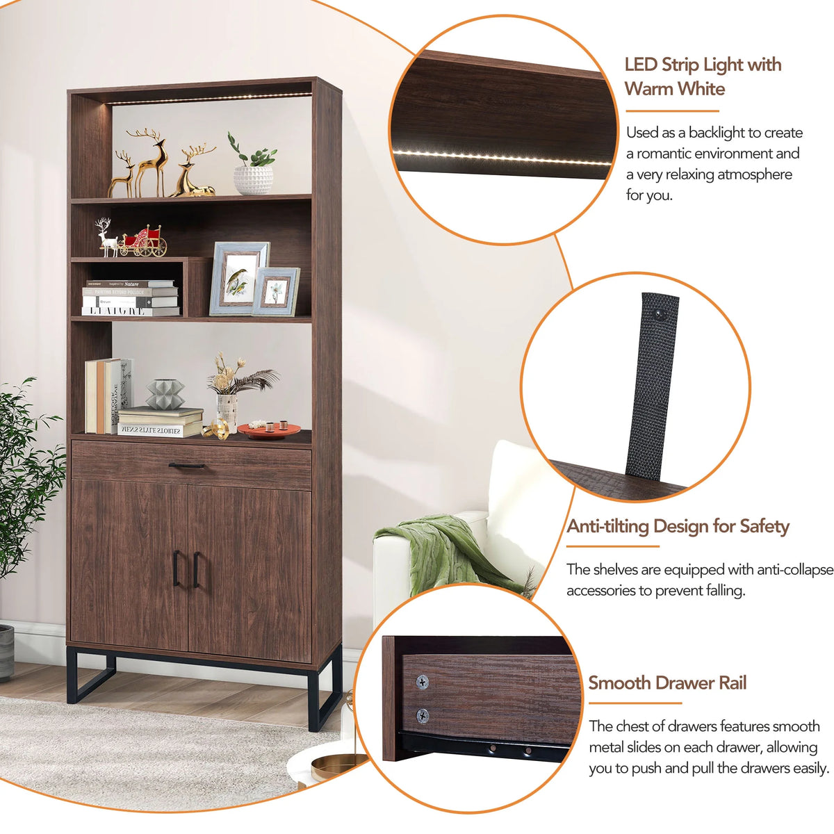 76" Wooden Bookshelf with Doors, Storage Drawer and LED Strip Lights F127192