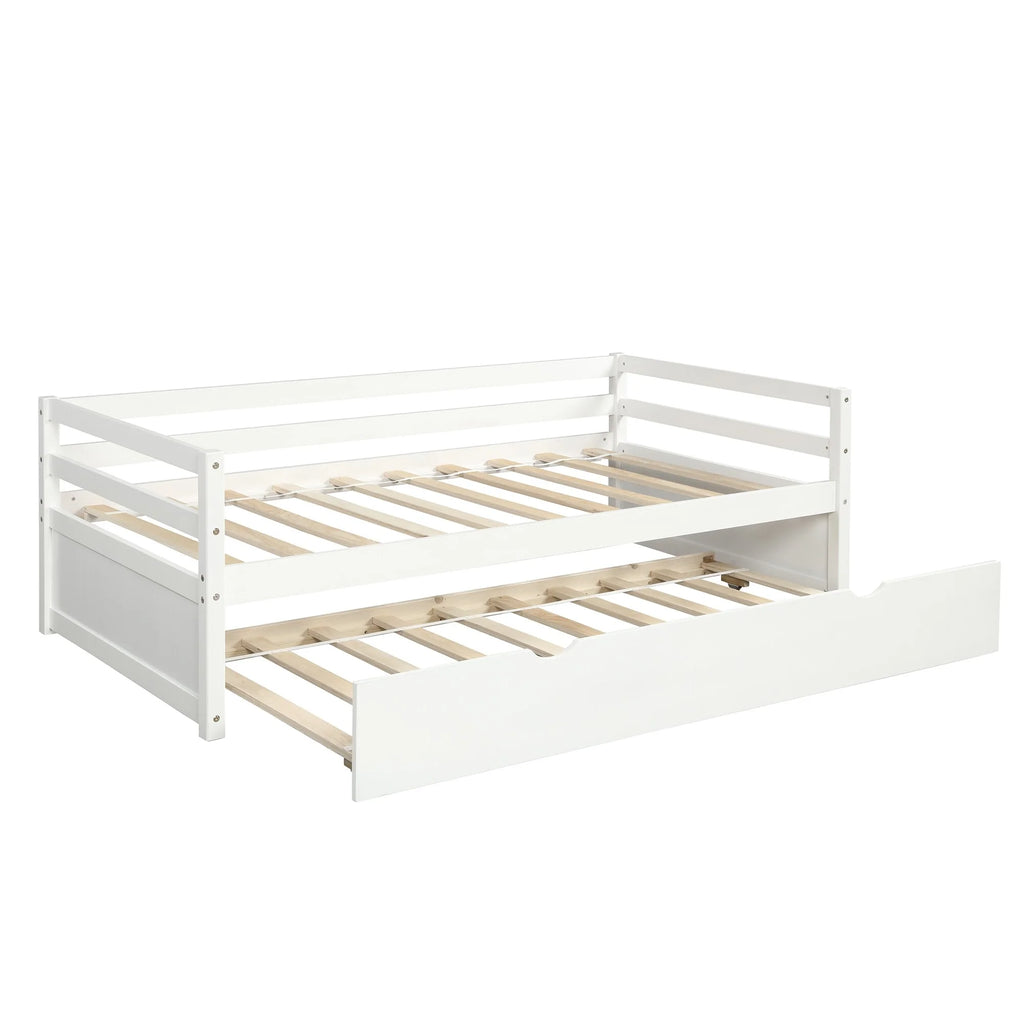 White Twin Wood Daybed with Trundle and Guardrails W671950