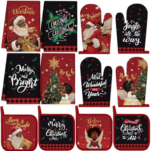 12 Pcs Christmas Kitchen Towels Pot Holders and Oven Mitts Set E609