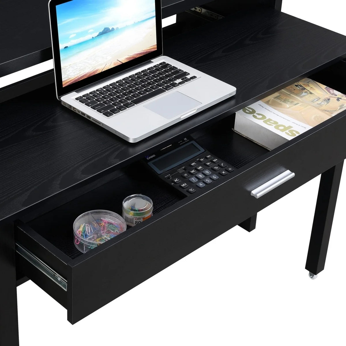 Black Console Desk with Drawer and Riser Y6887