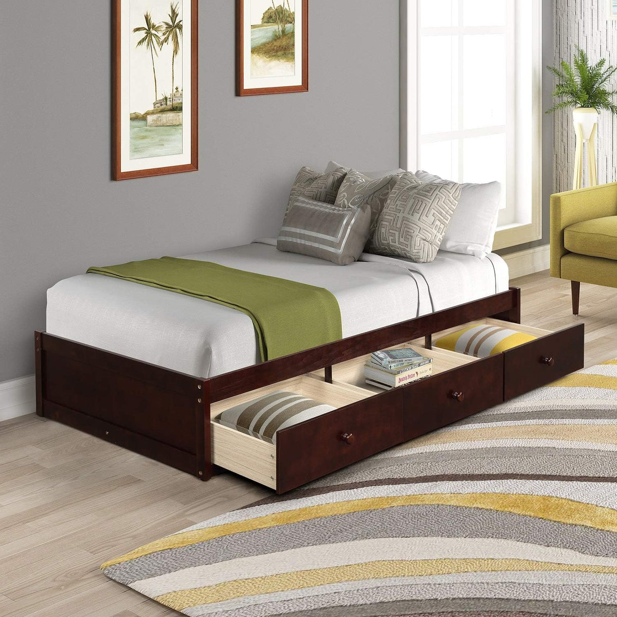 Brown Cherry Twin Platform Bed with 3 Drawers Q61505