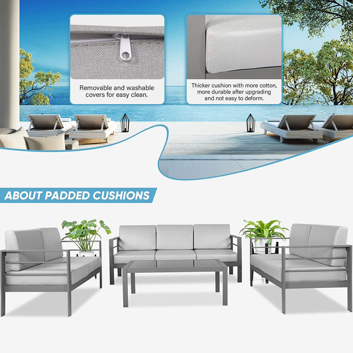 Metal Sectional Sofa with Cushions and Coffee Table（ 4 Pieces） Q835