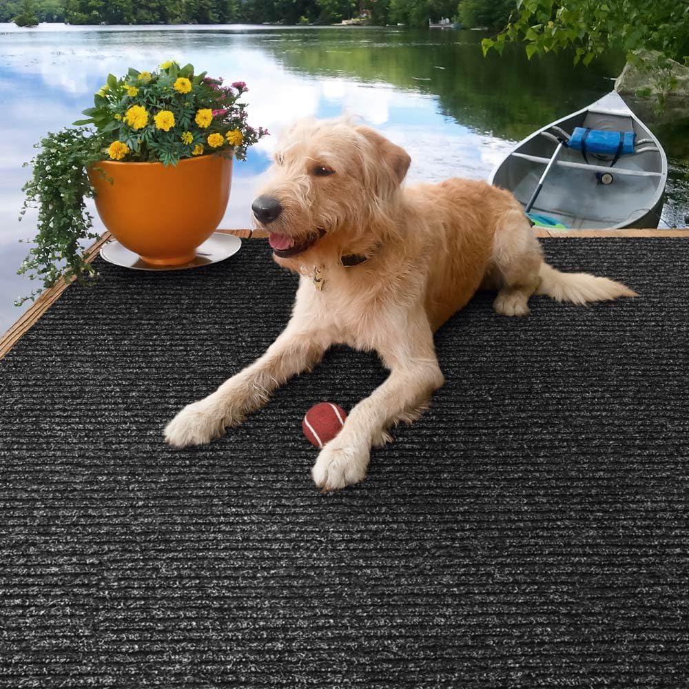 Heavy-Duty Ribbed Indoor Outdoor Carpet with Rubber Marine Backing - Charcoal Black - 6 Feet X 15 Feet A111202