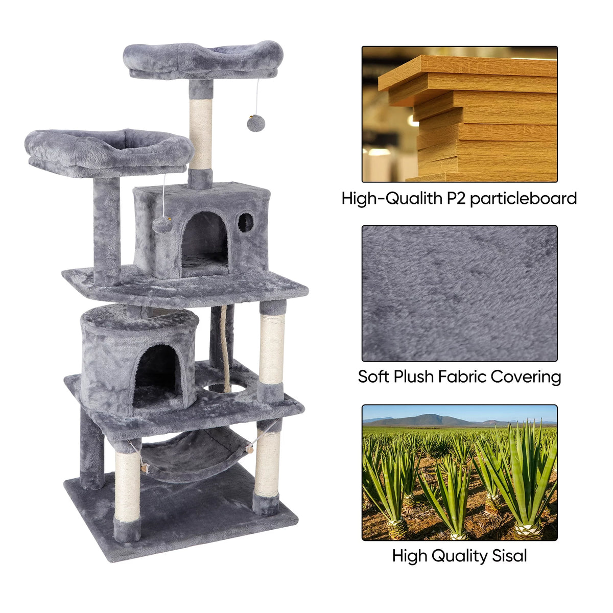Gray Multi-Level Cat Tree with Scratching Posts and Hammock O46506