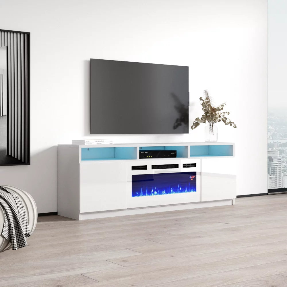 63" High Gloss Fireplace TV Stand with Storage Cabinets and LED Lights I1959