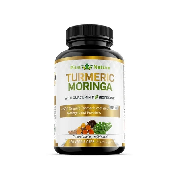 120 Capsules USDA Organic Turmeric Root and Moringa Leaf Powder with Curcumin and Bioperine B370