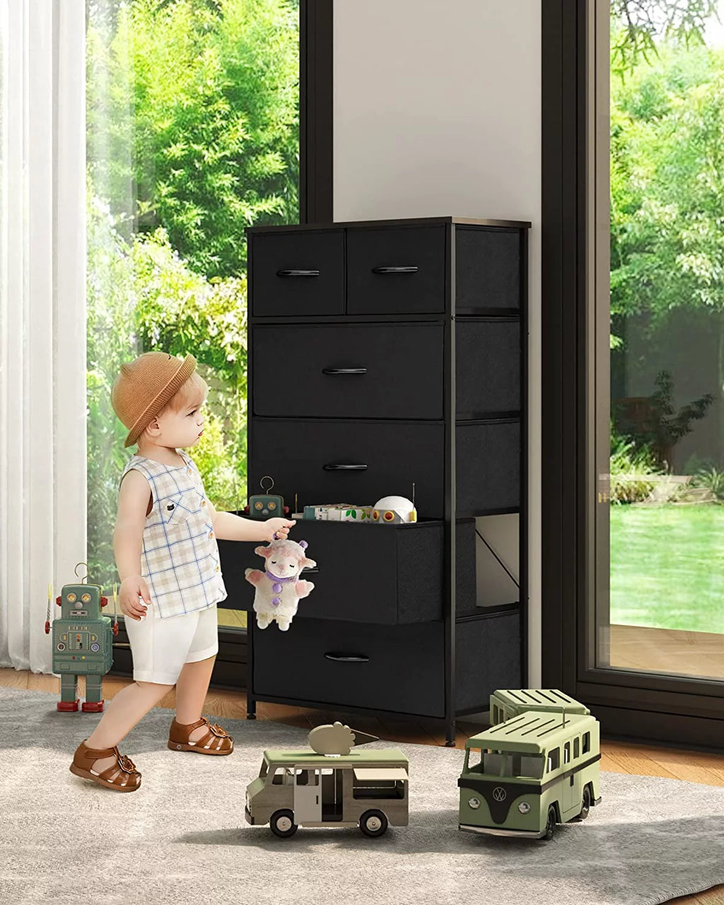Black 6 Drawer Fabric Dresser N4040