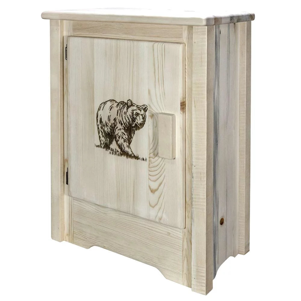 Pine Wood Accent Cabinet with Bear Design U248