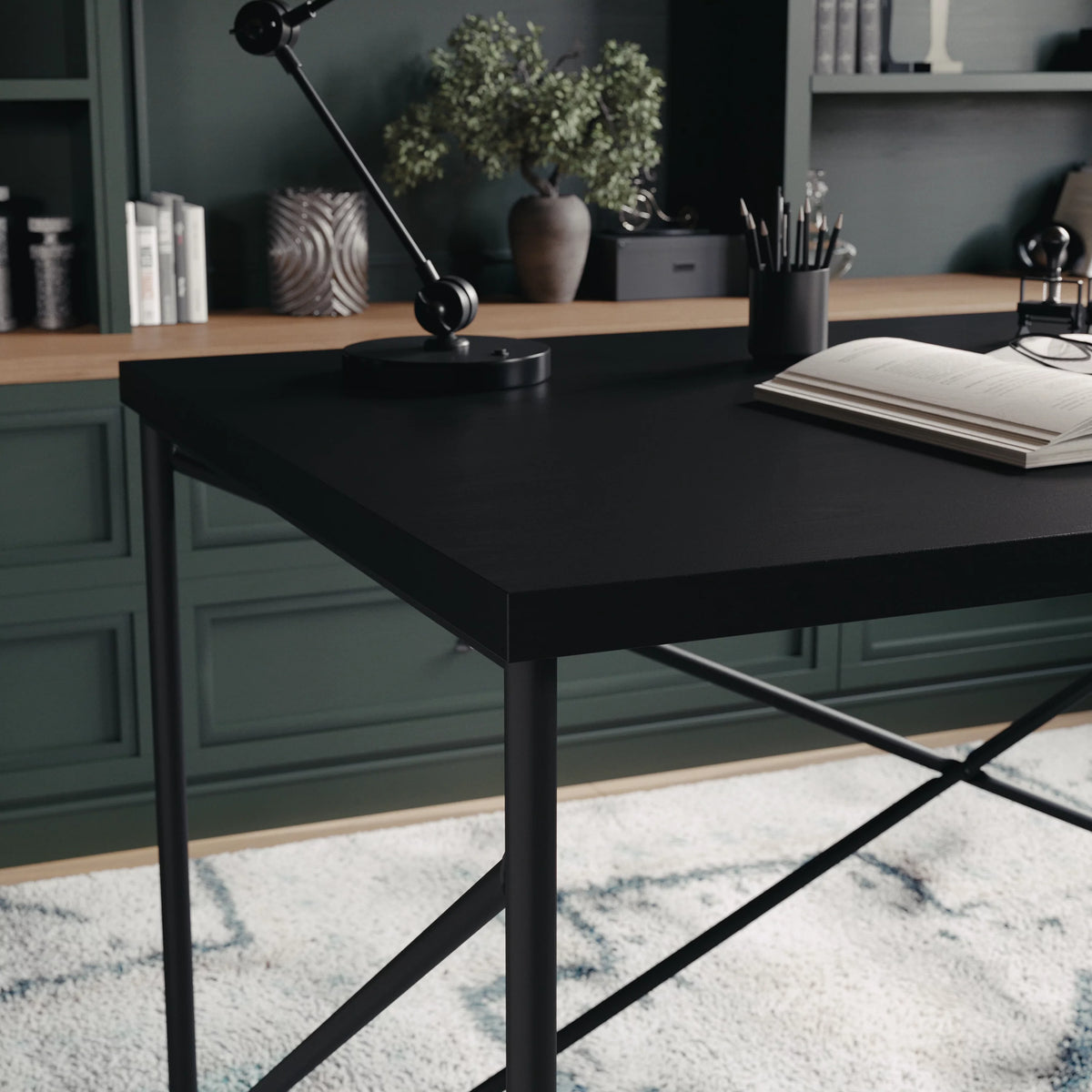 Black Wood Grain Parsons Desk with Metal X-Frame V424619