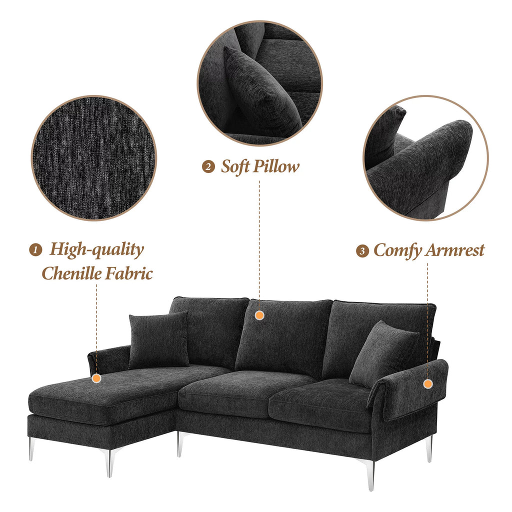 84" L-Shaped Black Sofa with Reversible Chaise I397