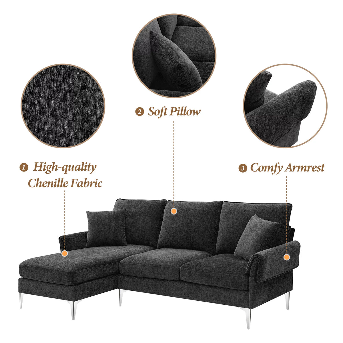 84" L-Shaped Black Sofa with Reversible Chaise I397