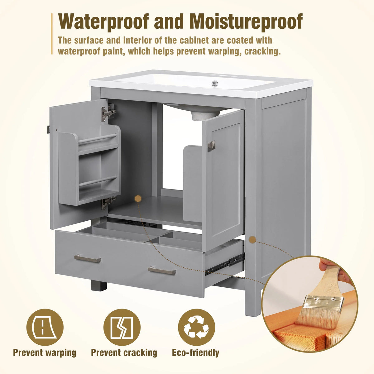 30" Solid Wood Bathroom Vanity Cabinet with Top Basin W3267