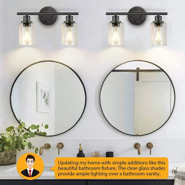 2 Light Matte Black Vanity Light with Glass P7566