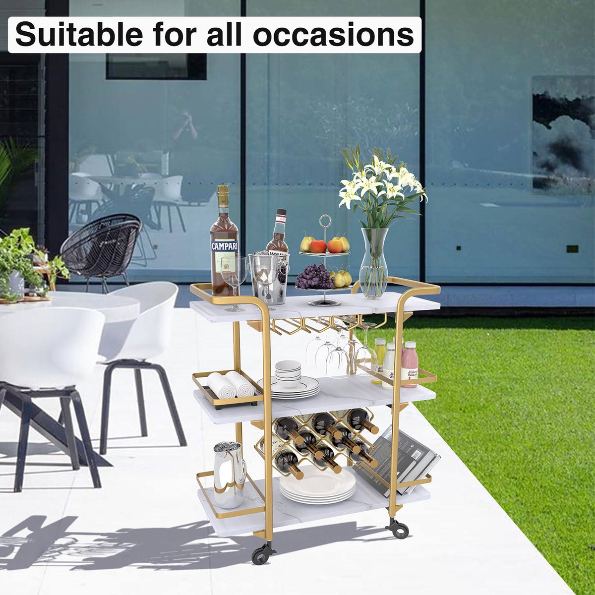 Black 3 Tier Bar Cart with Wheels R9357