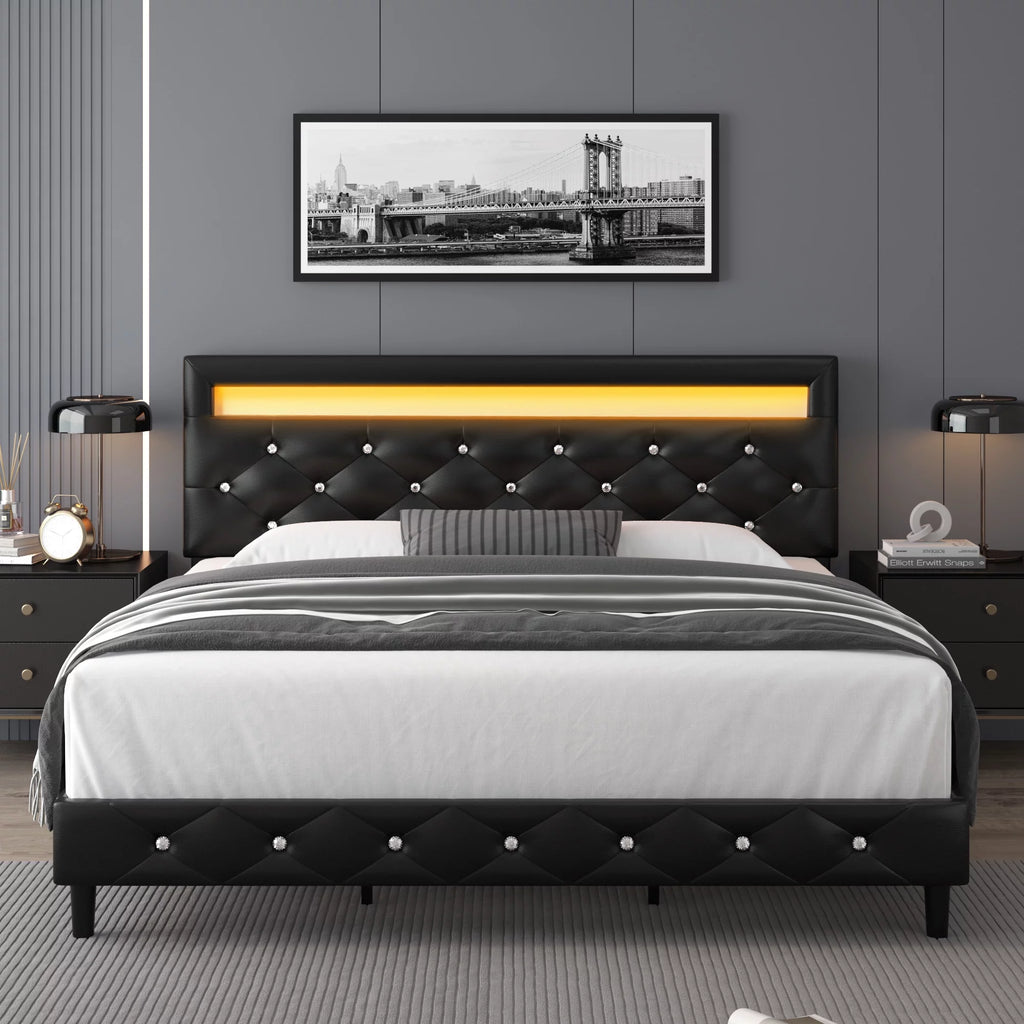 Queen Size LED Upholstered Platform Bed Frame with Adjustable Headboard X884