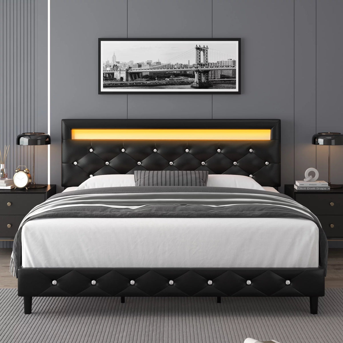 Queen Size LED Upholstered Platform Bed Frame with Adjustable Headboard X884