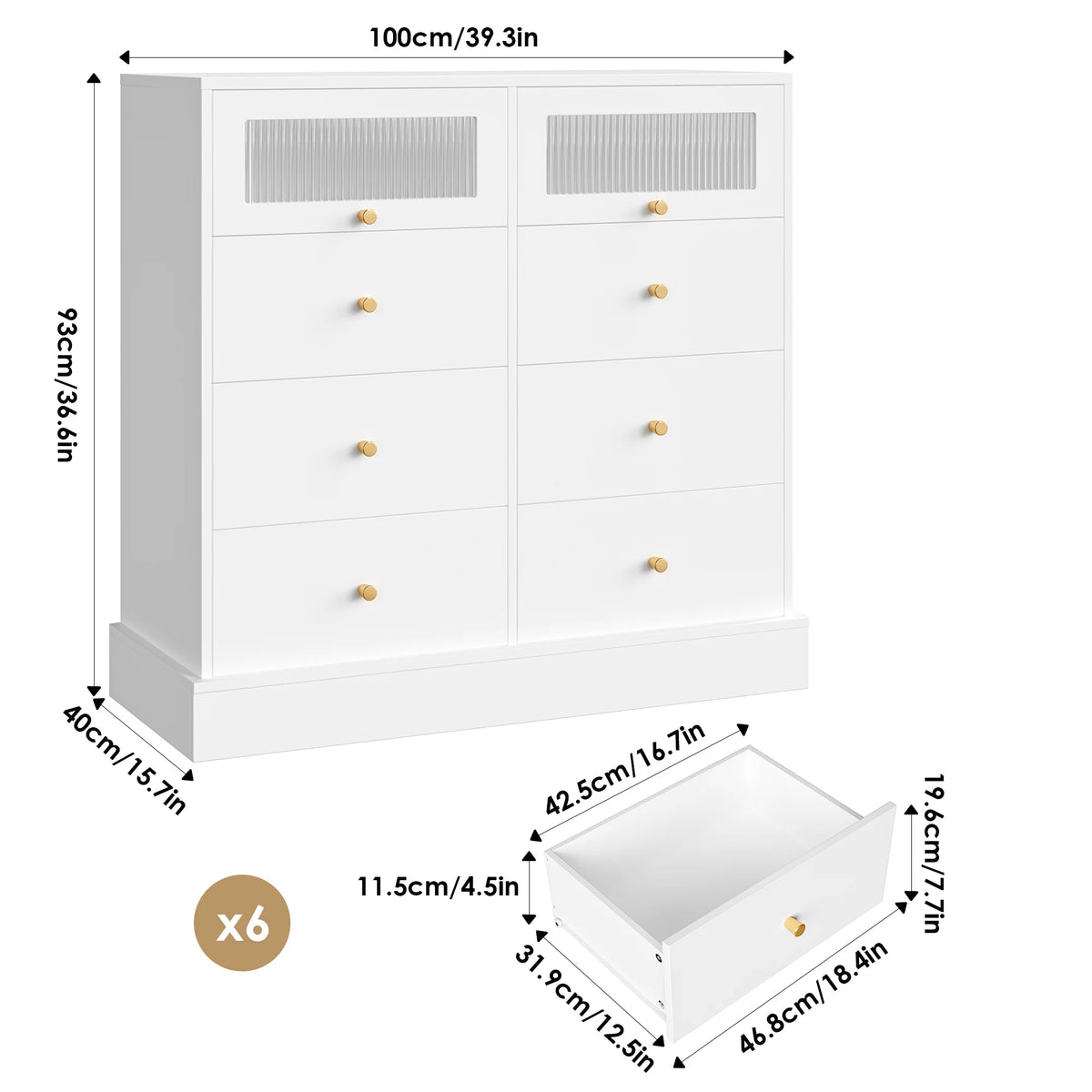 White 8 Drawer Wood Dresser with 2 Glass Doors V273