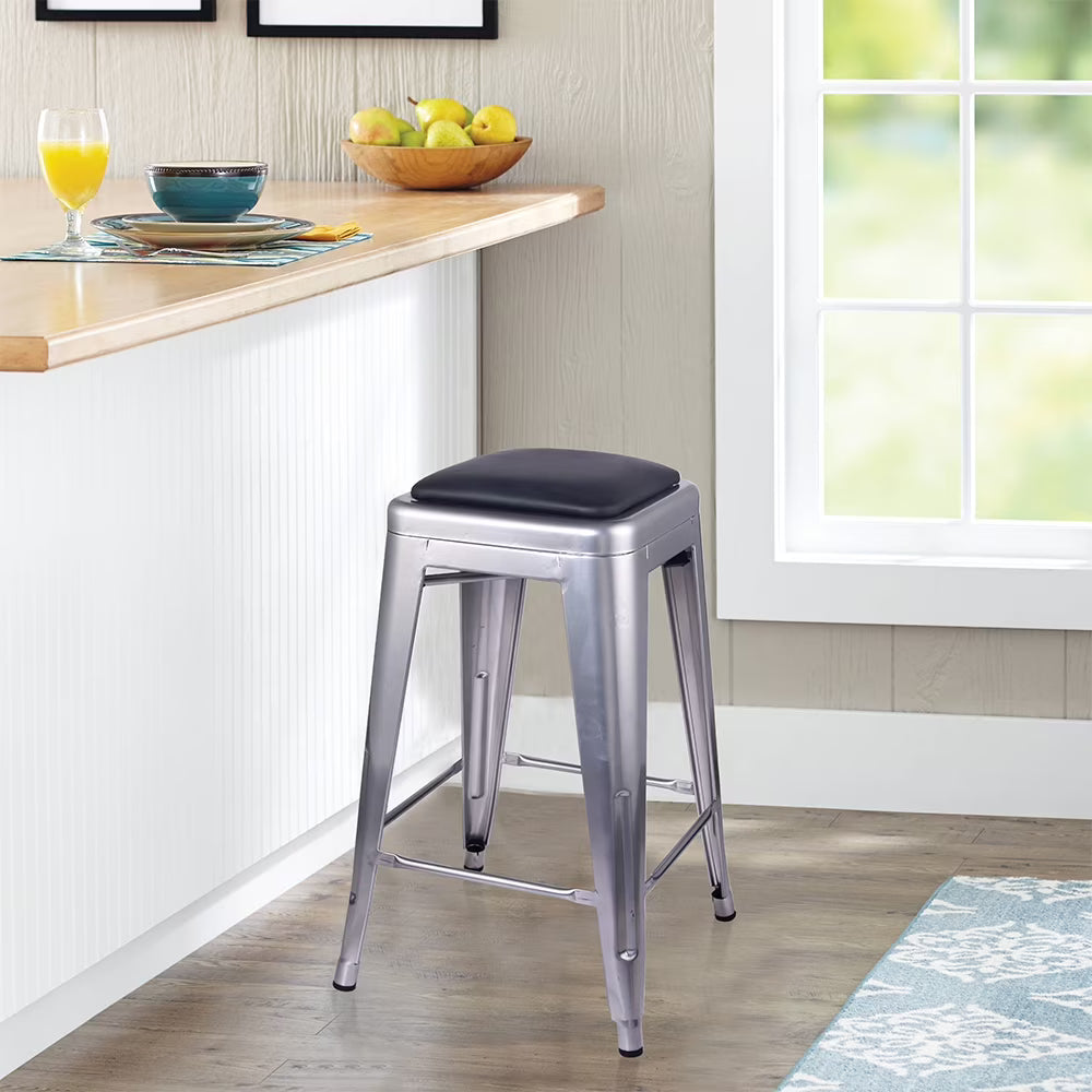 24 Inch Counter Height Backless Metal Stool with Vegan Leather Seat B707628