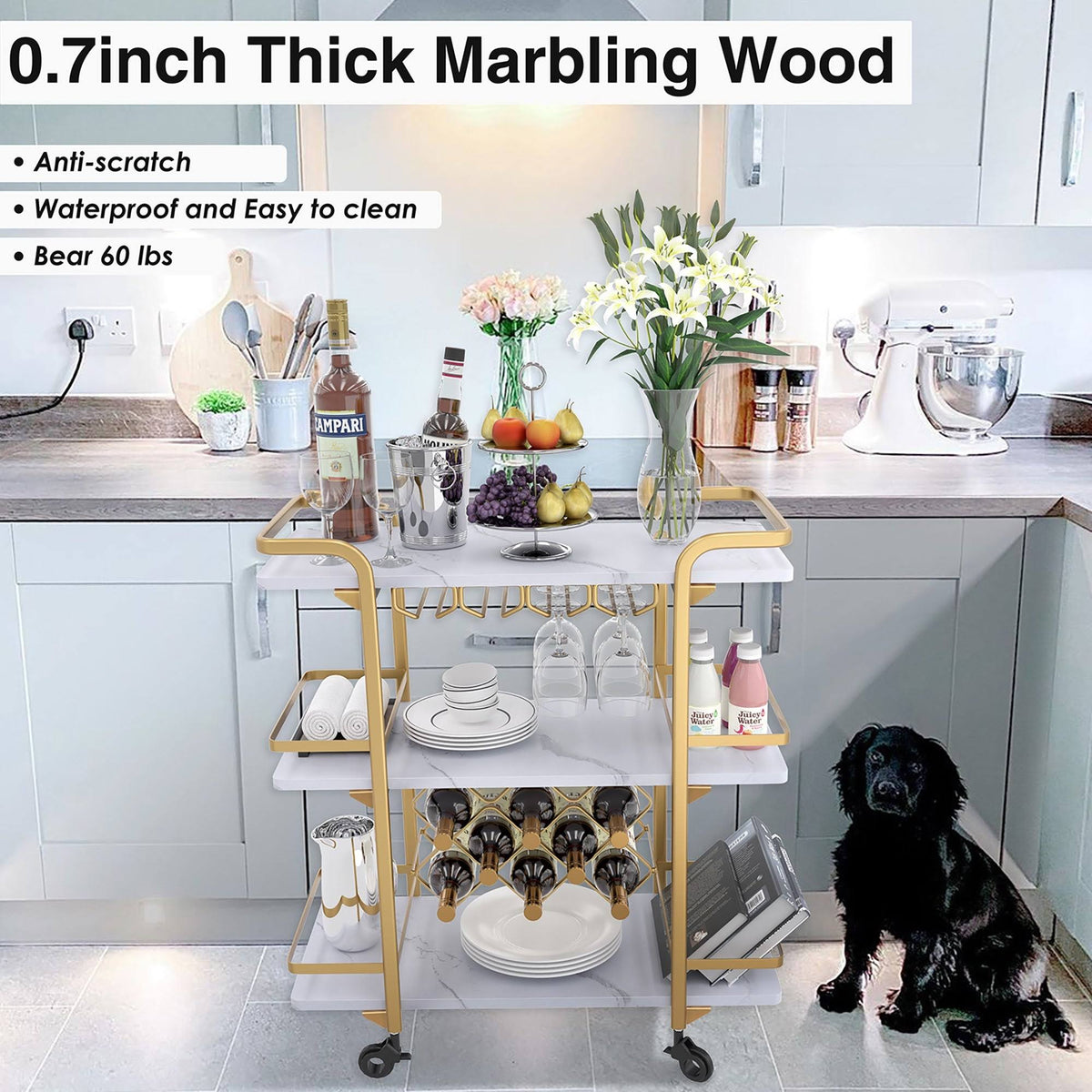 Black 3 Tier Bar Cart with Wheels R9357