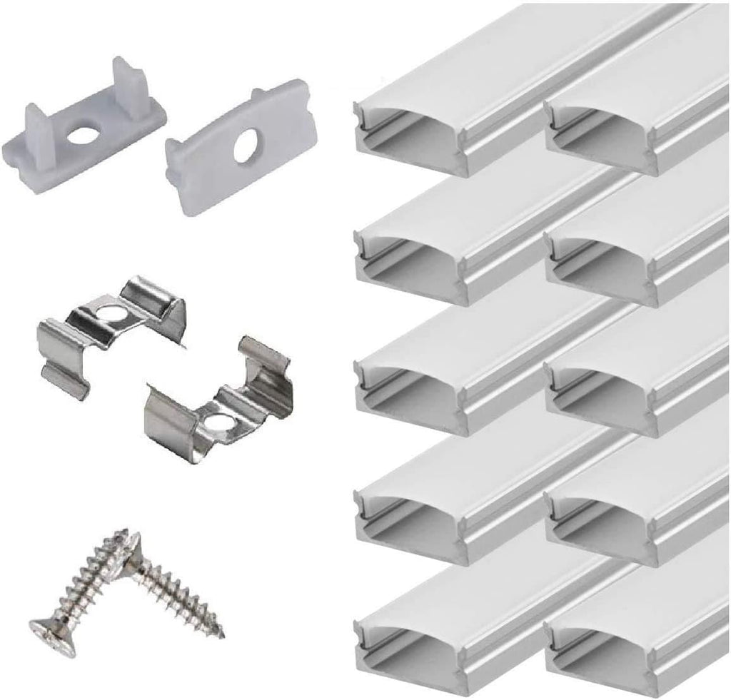 10-Pack 6.6ft U Shape LED Aluminum Channel System with Milky Cover, End Caps and Mounting Clips B905792
