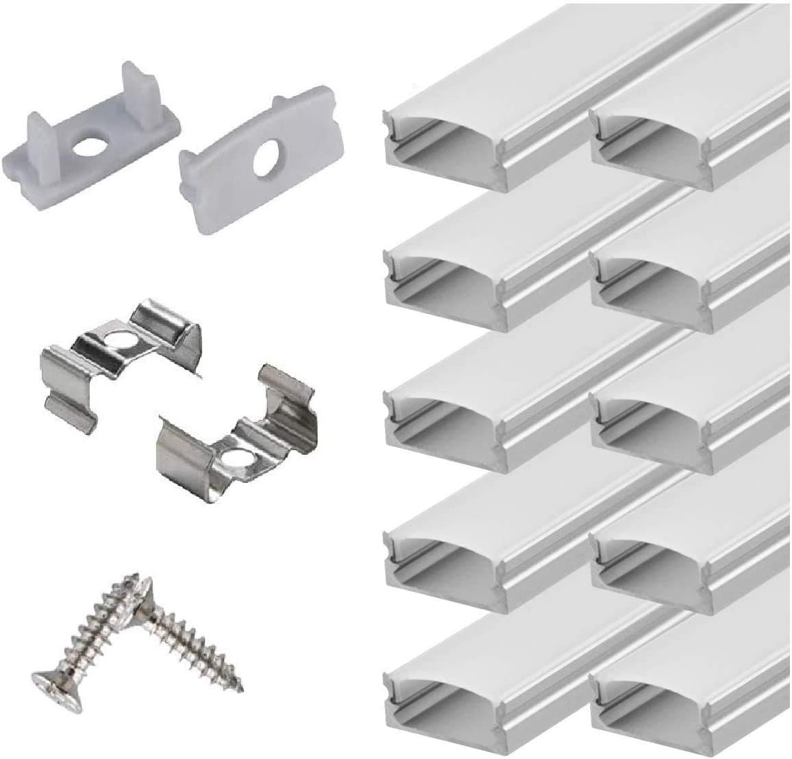 10-Pack 6.6ft U Shape LED Aluminum Channel System with Milky Cover, End Caps and Mounting Clips B905792